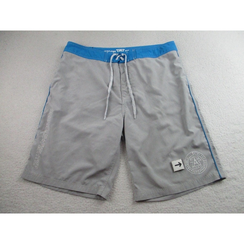 American Fighter Board Shorts Mens 36 Gray Blue Drawstring Swim Trunks Spandex‎